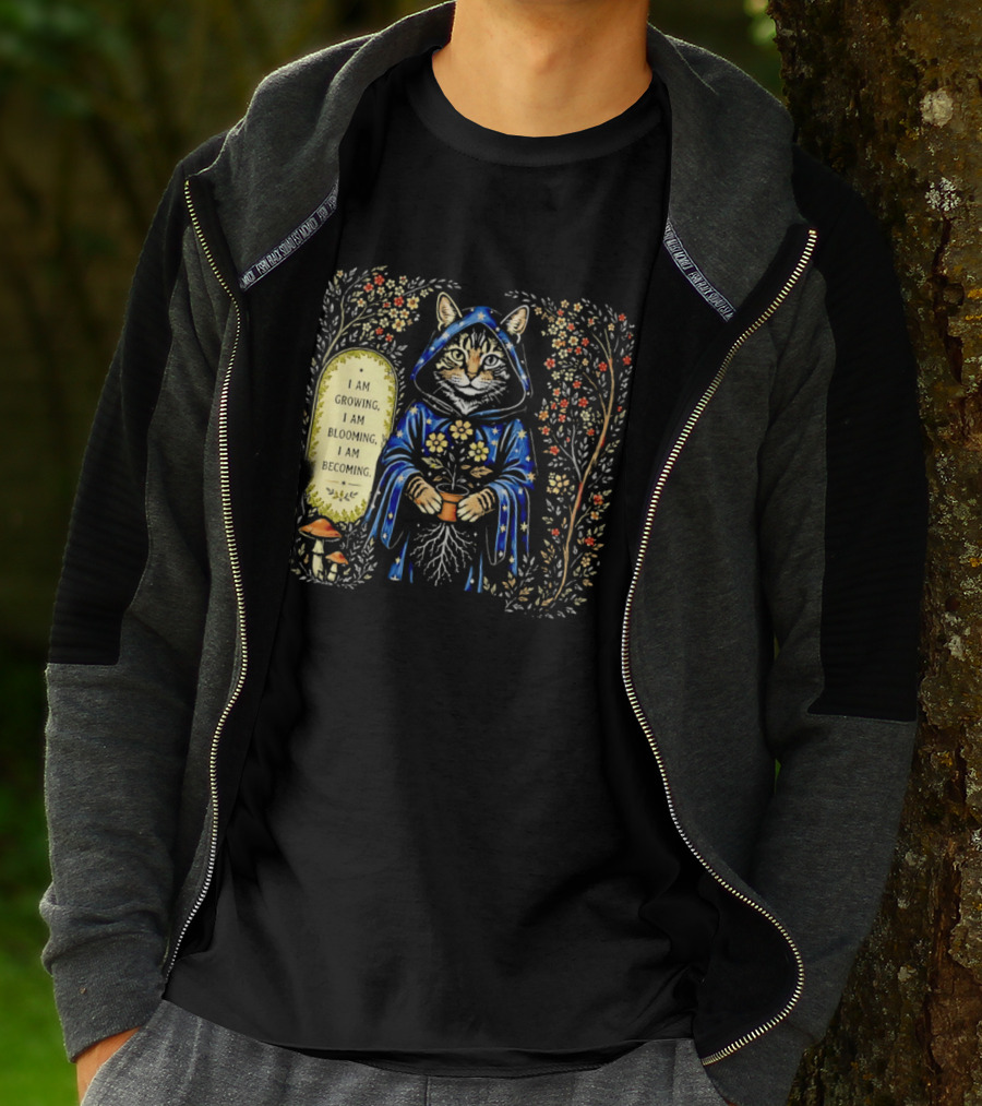 I Am Growing I Am Blooming I Am Becoming Wizard Cat Enchanted Blooms Nature Magic T-Shirt