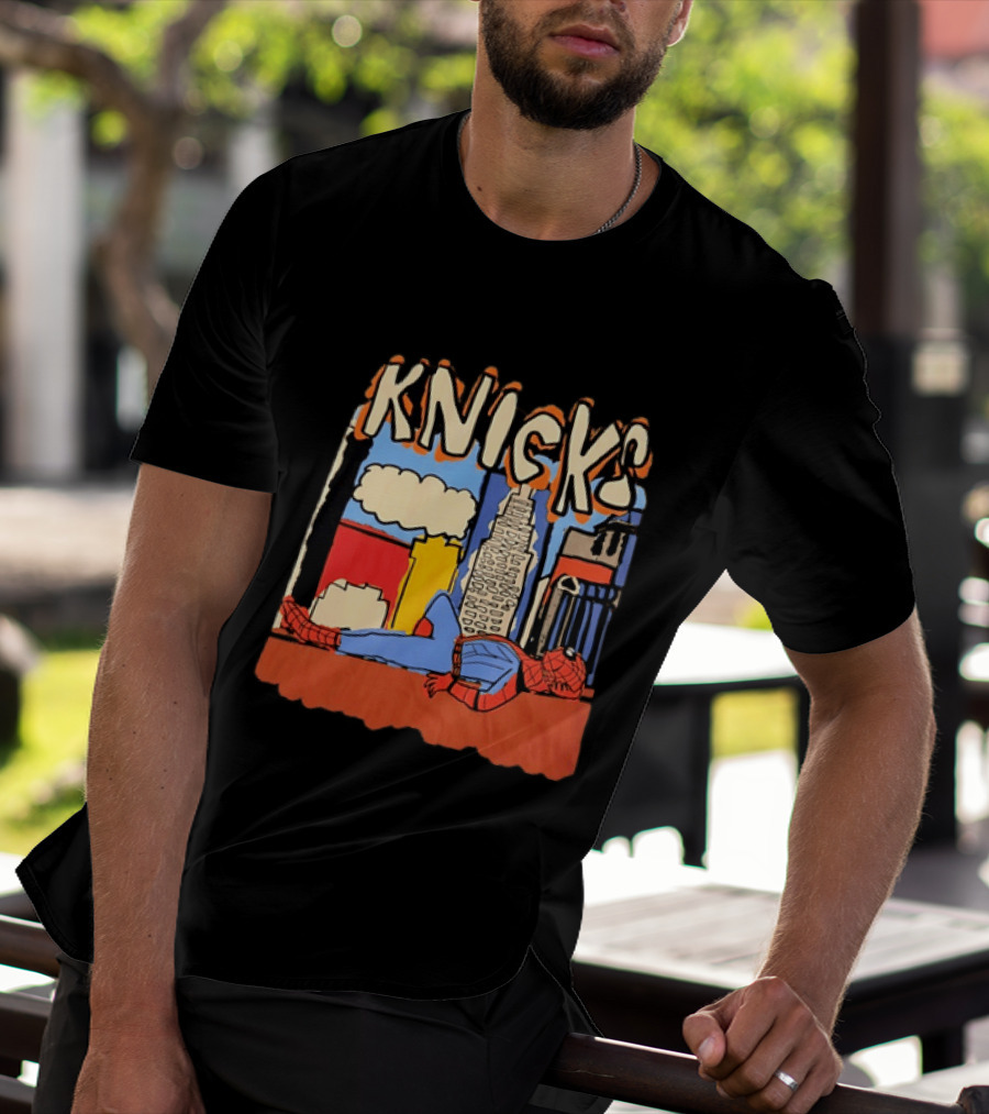 New York Knicks Spiderman Marvel NBA Basketball Skyline T-Shirt