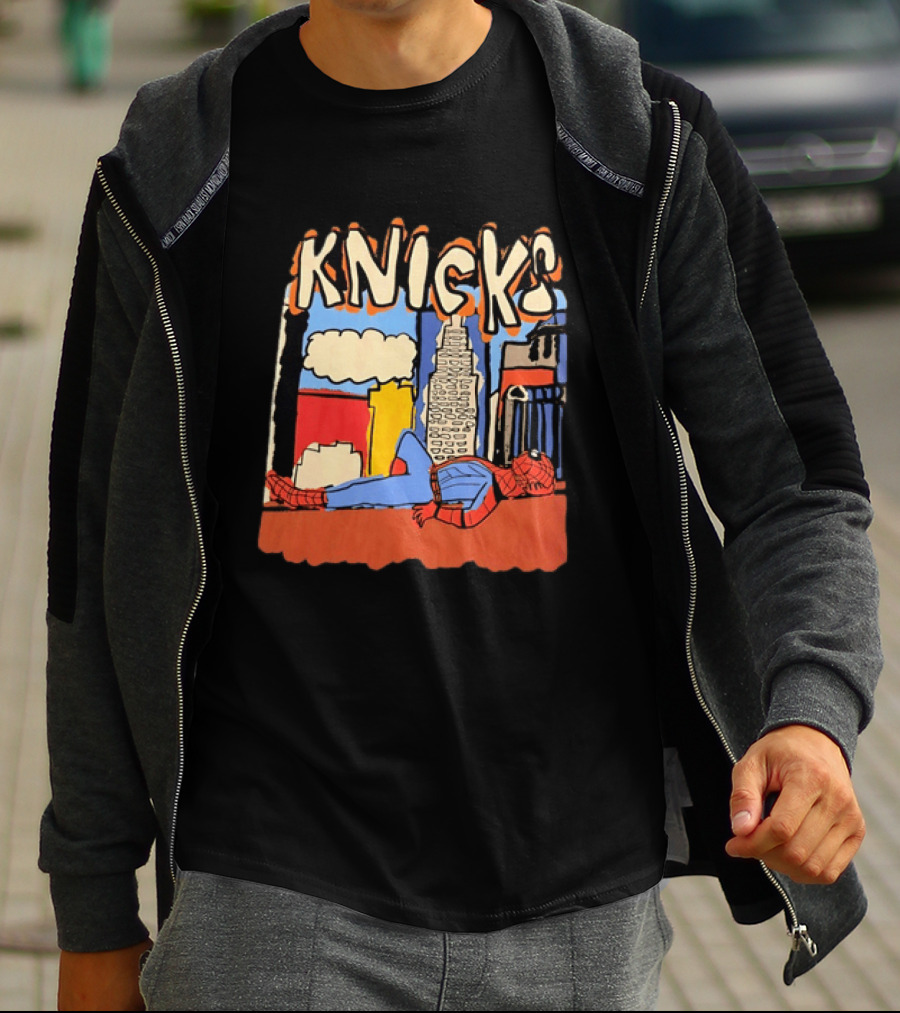 New York Knicks Spiderman Marvel NBA Basketball Skyline T-Shirt