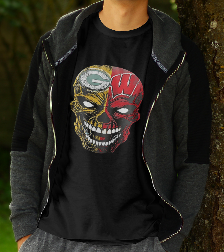 Wisconsin Green Bay Packers Badgers G W Skull Black T-Shirt