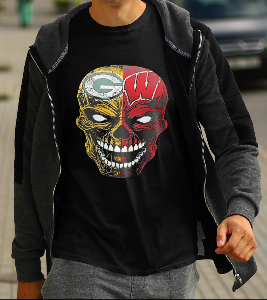 Wisconsin Green Bay Packers Badgers G W Skull Black T-Shirt