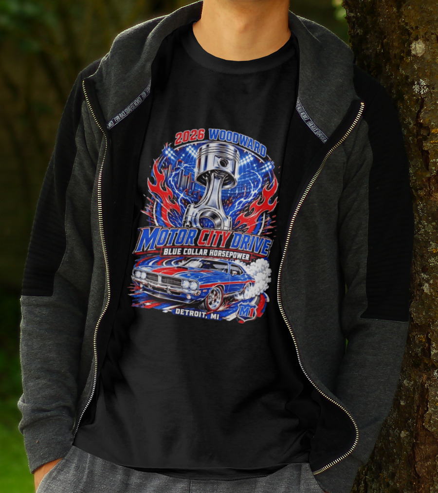 2026 Woodward Motor City Drive Blue Collar Horsepower Detroit MI M1 T-Shirt