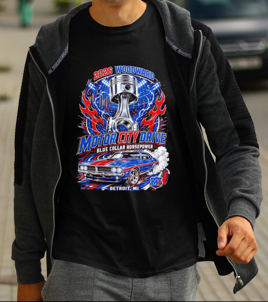 2026 Woodward Motor City Drive Blue Collar Horsepower Detroit MI M1 T-Shirt