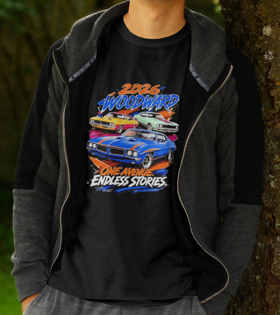 2026 Woodward One Avenue Endless Stories Muscle Car T-Shirt