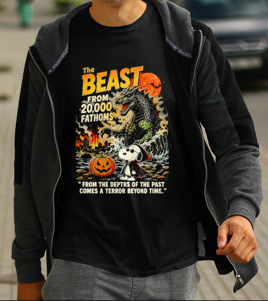 Snoopy And The Beast From 20000 Fathoms Halloween Pumpkin Terror T-Shirt
