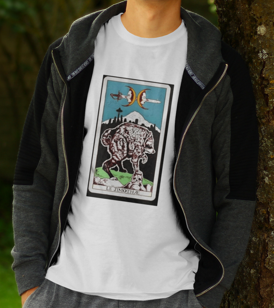 Le Jimothae Raccoon Tarot Seattle Skyline Moon Swords T-Shirt
