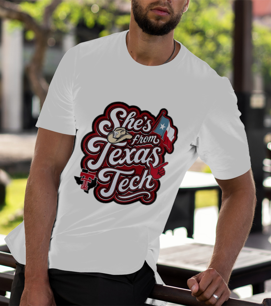 She's From Texas Tech Red Raiders Cowboy Hat Flag T-Shirt