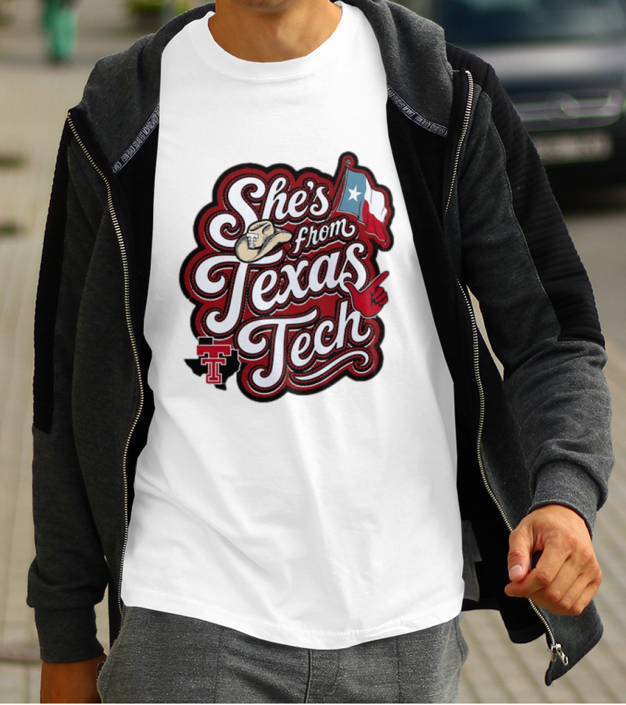 She's From Texas Tech Red Raiders Cowboy Hat Flag T-Shirt
