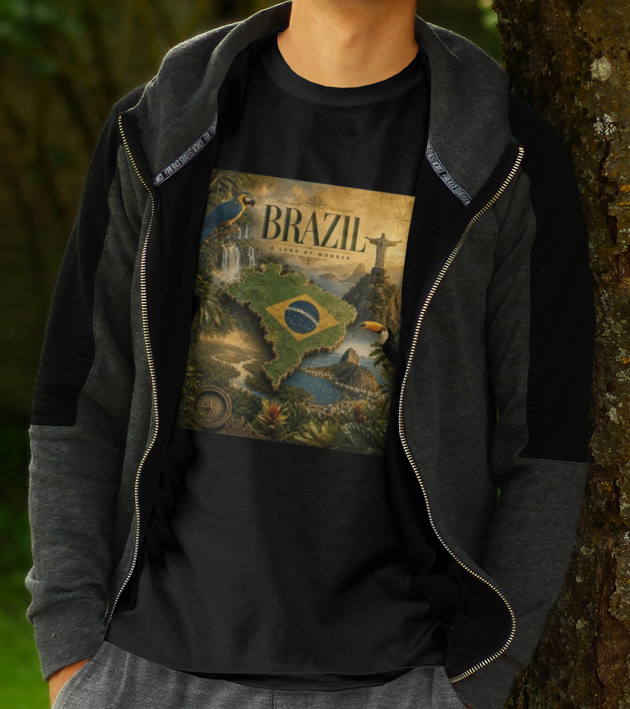 Brazil A Land Of Wonder Ordem E Progresso Christ The Redeemer Amazon Rainforest Toucan Macaw Waterfalls T-Shirt