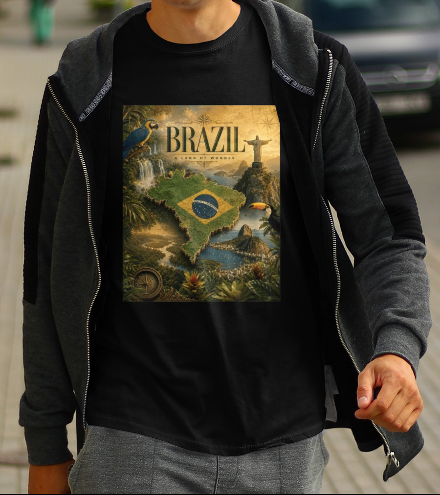 Brazil A Land Of Wonder Ordem E Progresso Christ The Redeemer Amazon Rainforest Toucan Macaw Waterfalls T-Shirt