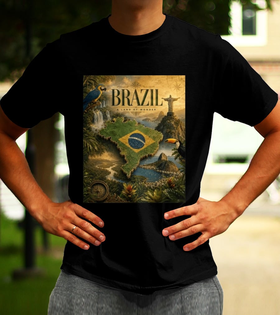 Brazil A Land Of Wonder Ordem E Progresso Christ The Redeemer Amazon Rainforest Toucan Macaw Waterfalls T-Shirt