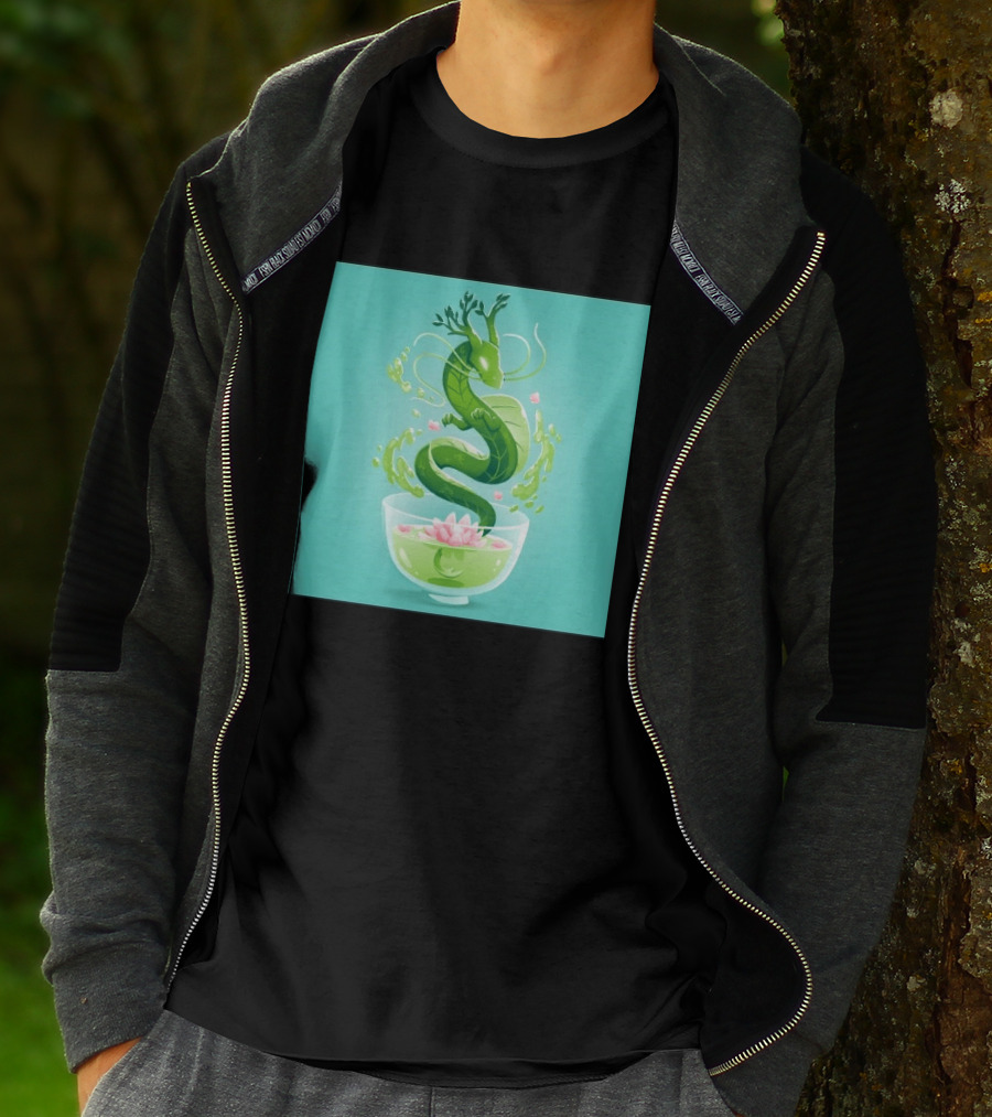 Green Tea Dragon In Teacup With Blossoms And Leaves T-Shirt