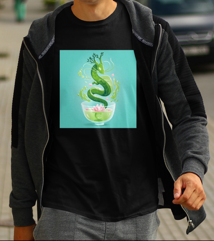 Green Tea Dragon In Teacup With Blossoms And Leaves T-Shirt