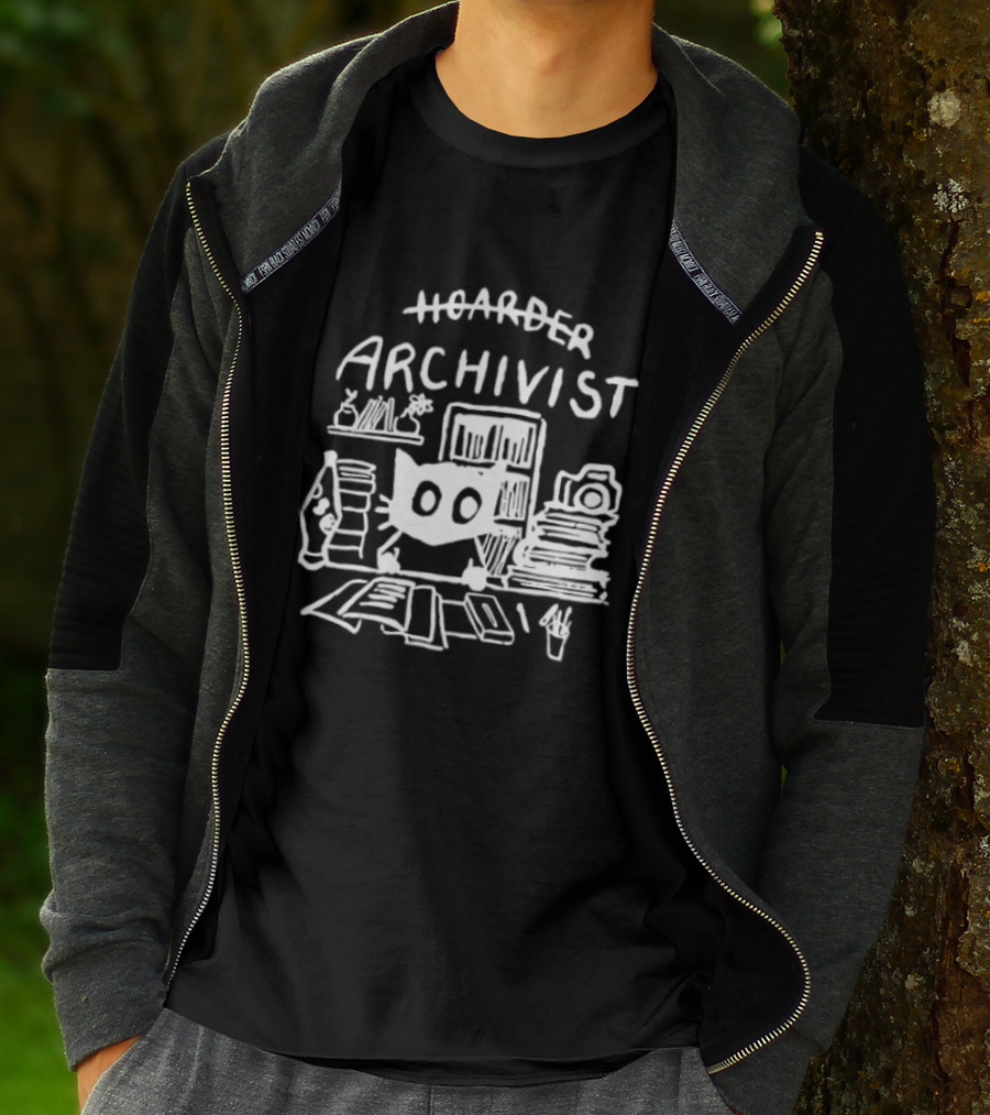 Hoarder Archivist Cat Surrounded By Books And Files T-Shirt