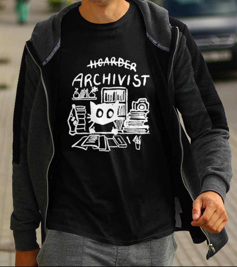 Hoarder Archivist Cat Surrounded By Books And Files T-Shirt