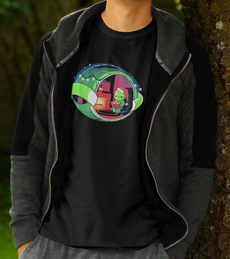 Christmas Turtle Cozy Holiday Scene With Santa Hat And Fireplace T-Shirt