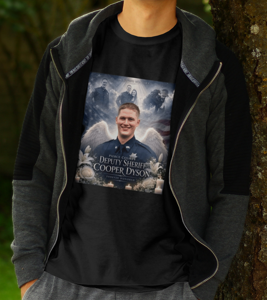 In Loving Memory Pierce County Deputy Sheriff Cooper Dyson Forever Honored Angel Wings American Flag Candles Lilies T-Shirt