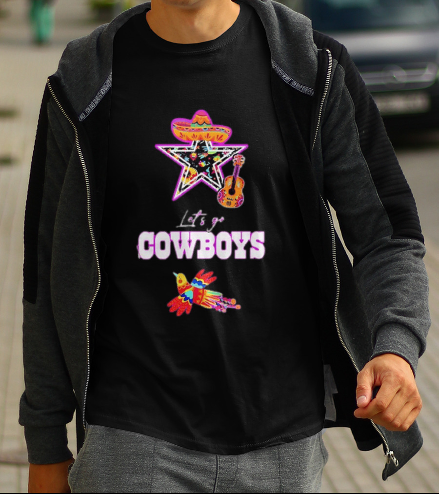 Let's Go Cowboys Mexican Folk Sombrero Star Guitar Bird T-Shirt