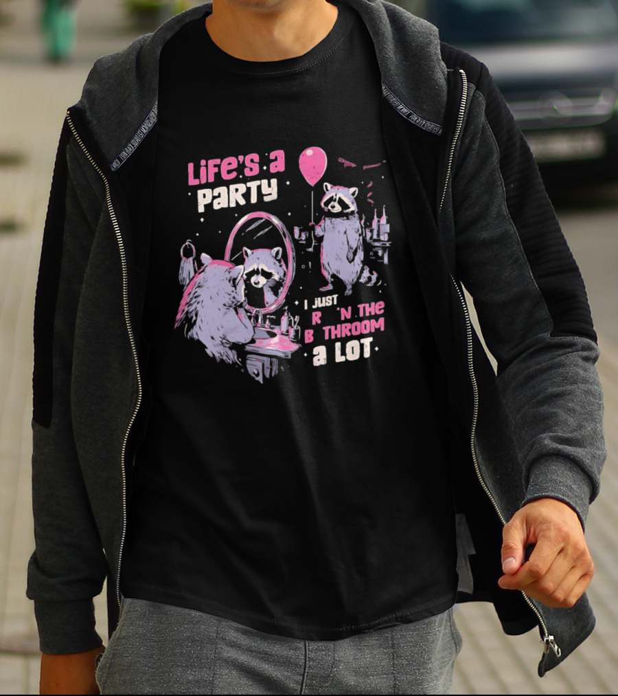 Raccoon Life's A Party I Just Cry In The Bathroom A Lot Balloon Mirror Reflection T-Shirt
