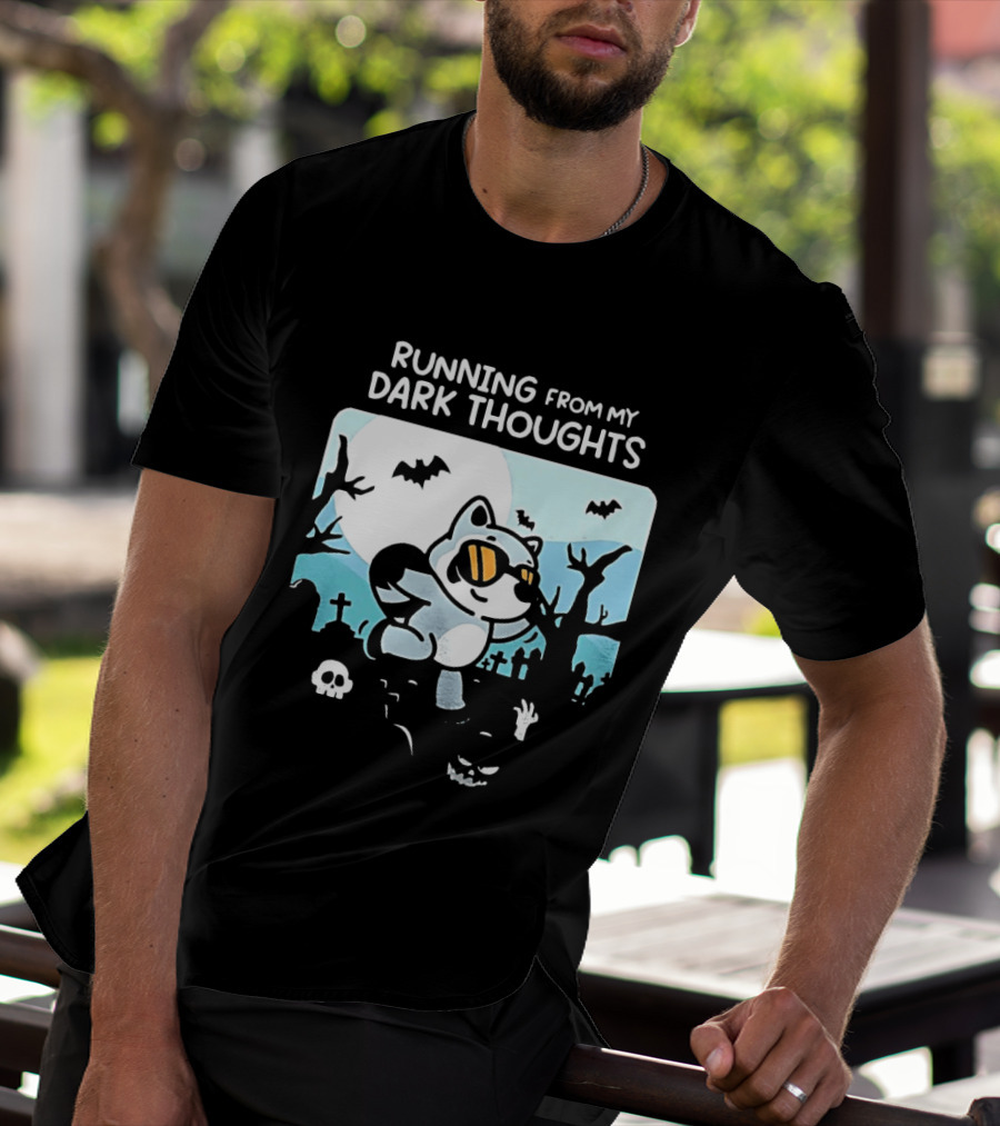 Raccoon Running From My Dark Thoughts Moonlight Bats And Graveyard Scene T-Shirt
