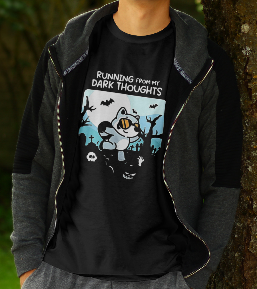 Raccoon Running From My Dark Thoughts Moonlight Bats And Graveyard Scene T-Shirt