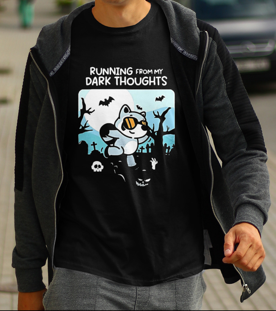 Raccoon Running From My Dark Thoughts Moonlight Bats And Graveyard Scene T-Shirt