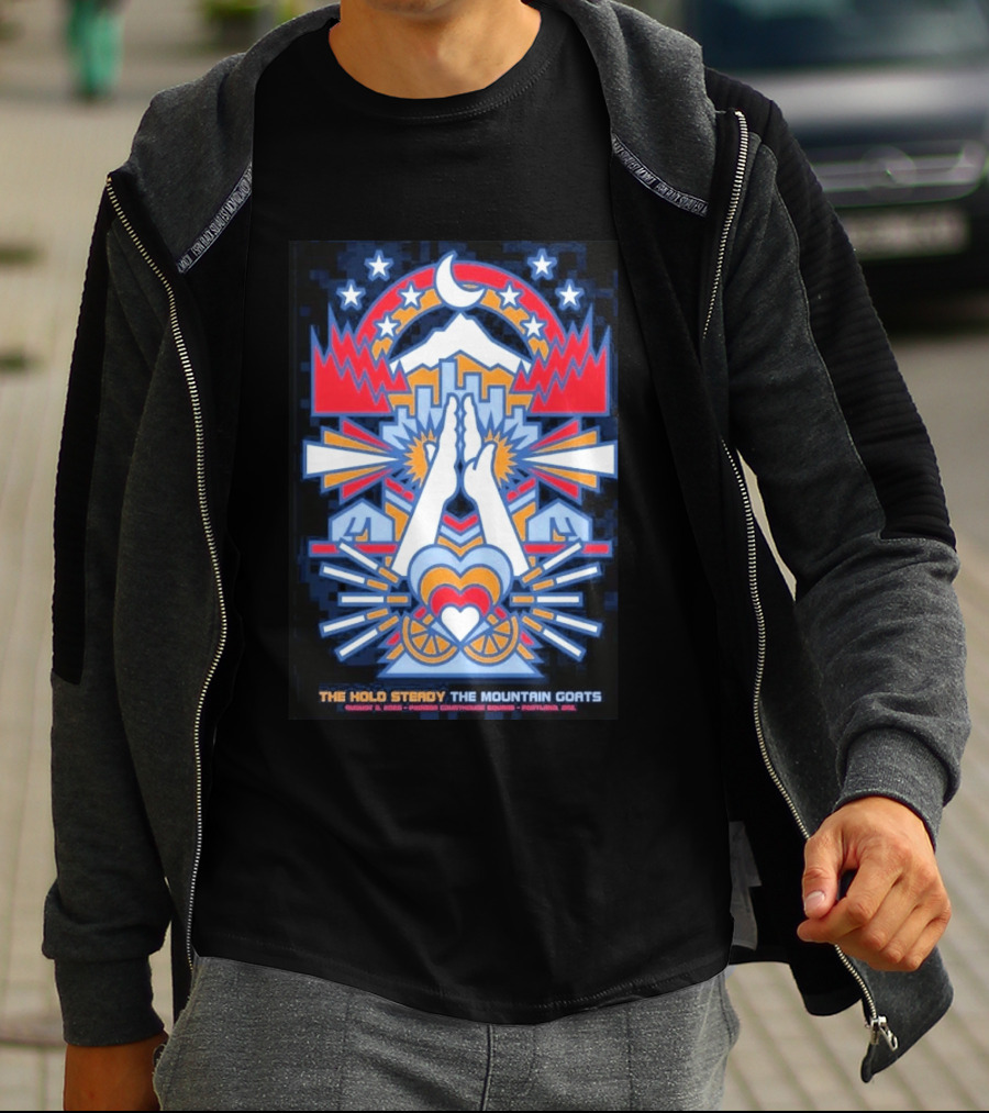 The Hold Steady The Mountain Goats Pioneer Courthouse Square Portland August 8 2026 Concert Tour Skyline Heart Hands Stars Moon Mountains T-Shirt