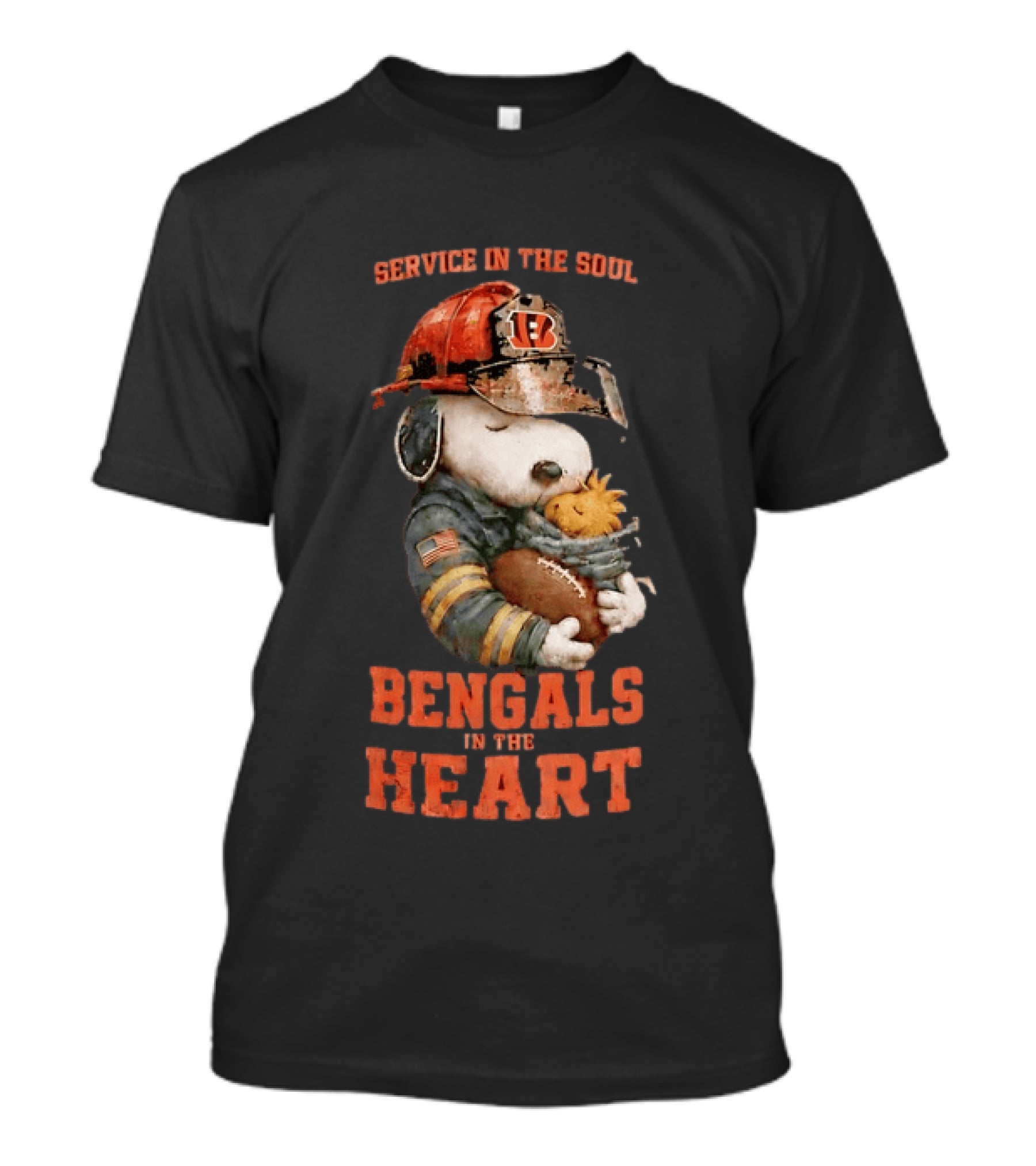 Service In The Soul Bengals In The Heart Snoopy Cincinnati Bengals Firefighter Hugging Woodstock T-Shirt