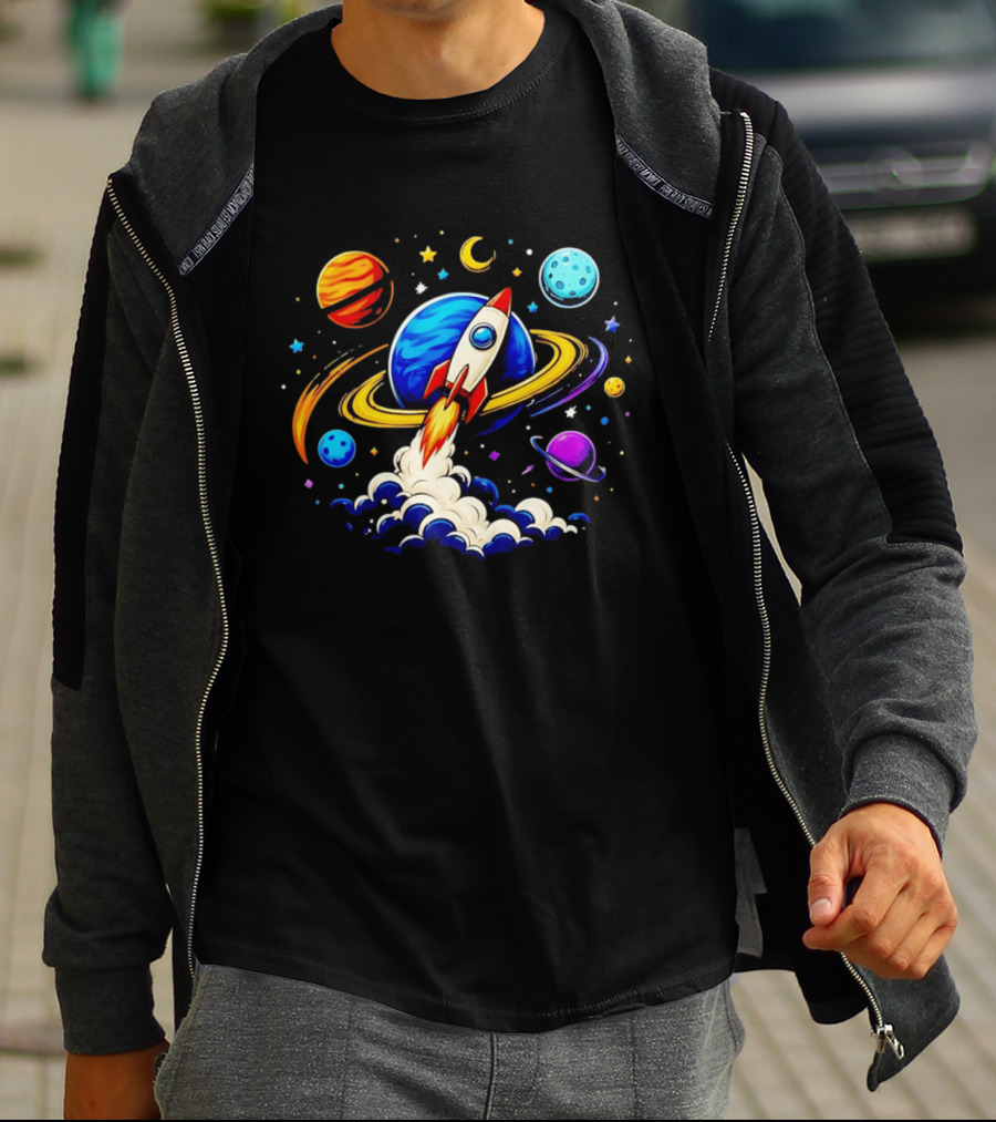 Space Rocket Launch With Vibrant Orbiting Planets And Stars T-Shirt