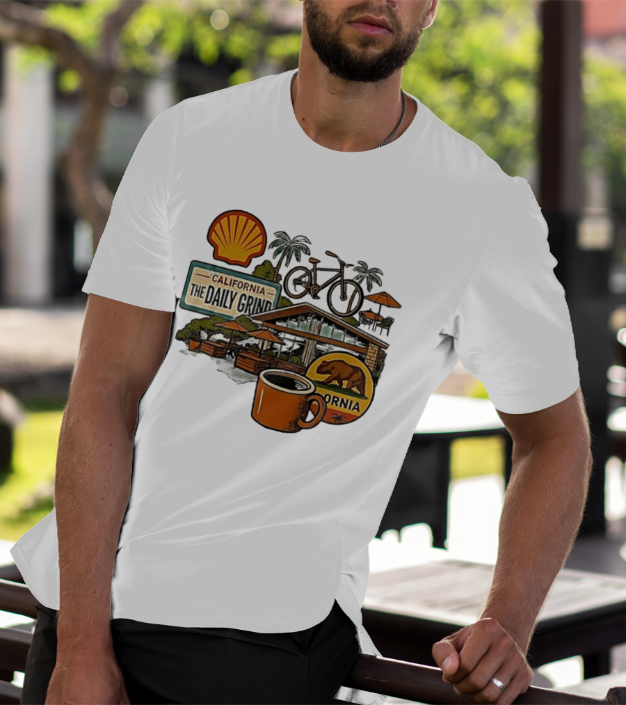 California The Daily Grind Shell Coffee Bear Bike Palms T-Shirt