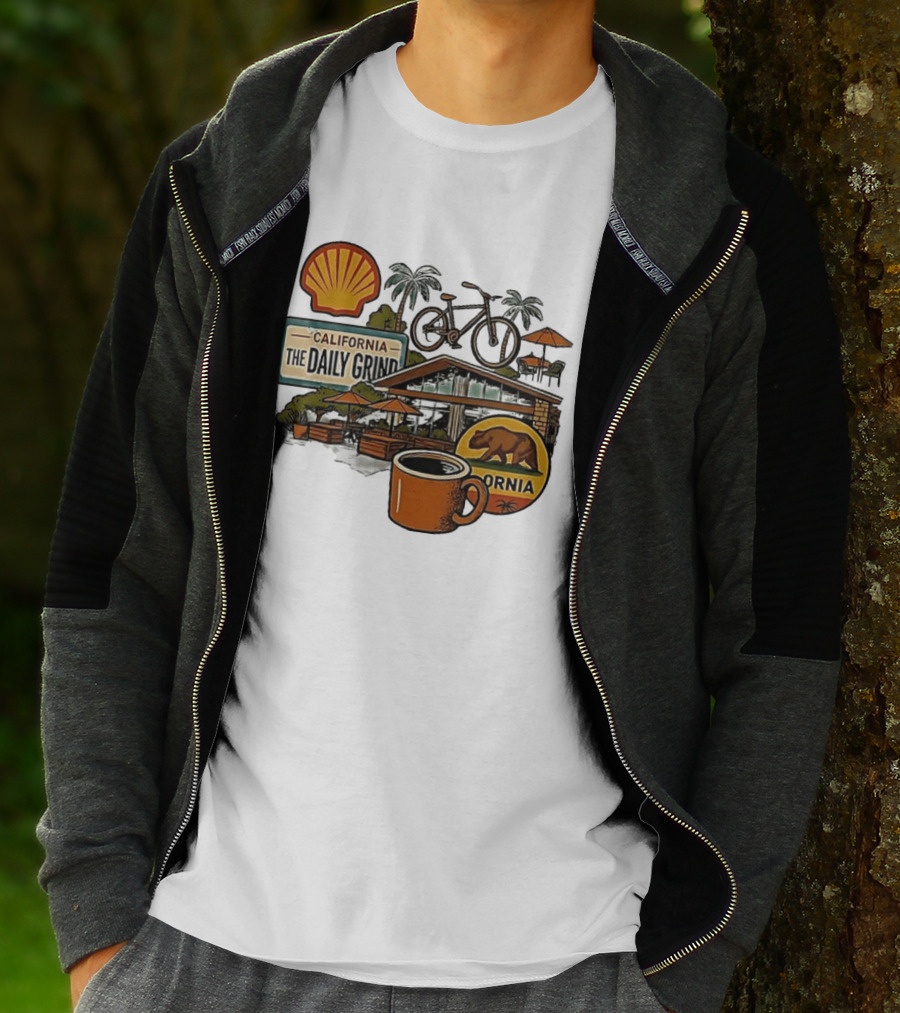 California The Daily Grind Shell Coffee Bear Bike Palms T-Shirt