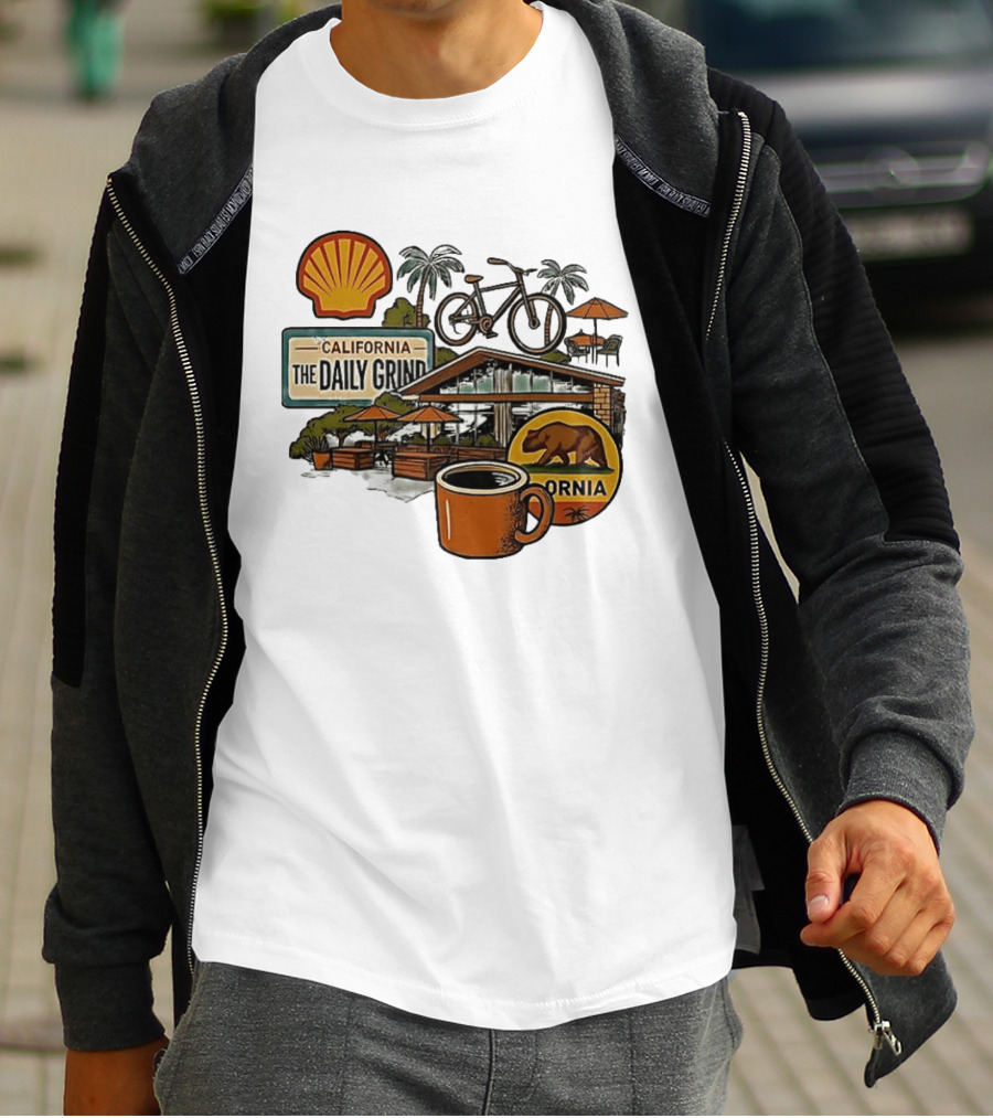 California The Daily Grind Shell Coffee Bear Bike Palms T-Shirt