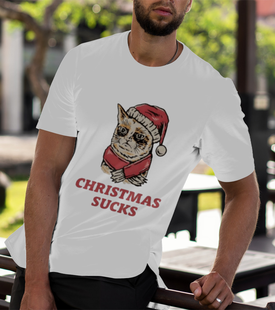 Cat Santa Hat Christmas Sucks Grumpy Humor T-Shirt