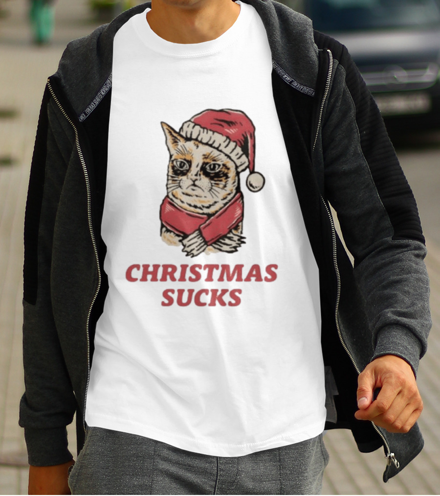 Cat Santa Hat Christmas Sucks Grumpy Humor T-Shirt