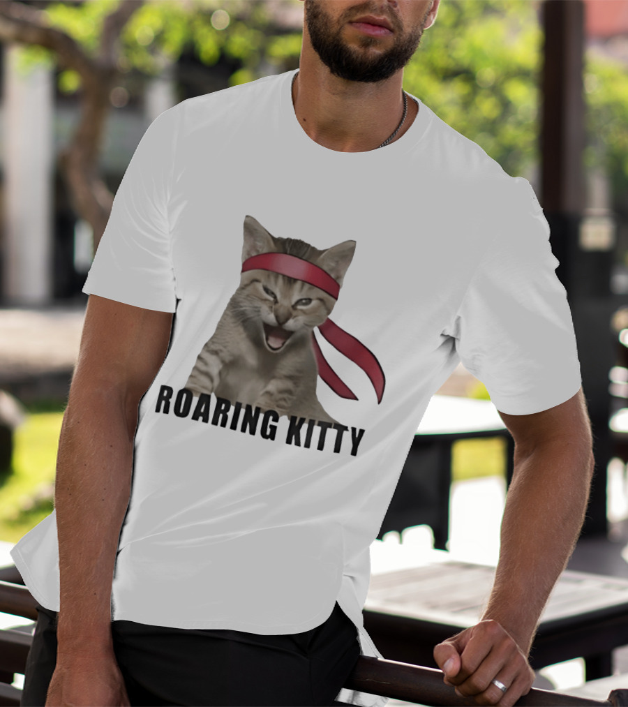 Roaring Kitty Kitten In Red Headband Stock Market Meme T-Shirt