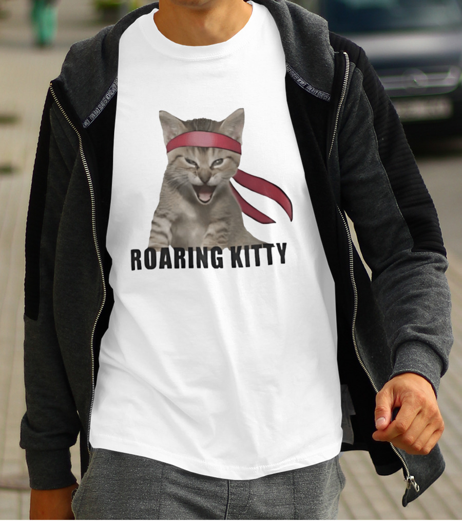 Roaring Kitty Kitten In Red Headband Stock Market Meme T-Shirt