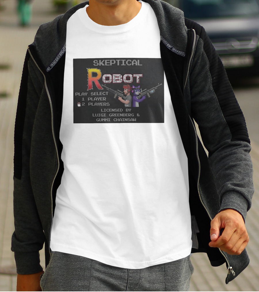 Skeptical Robot Play Select Luigi Greenberg Gummi Chainsaw T-Shirt