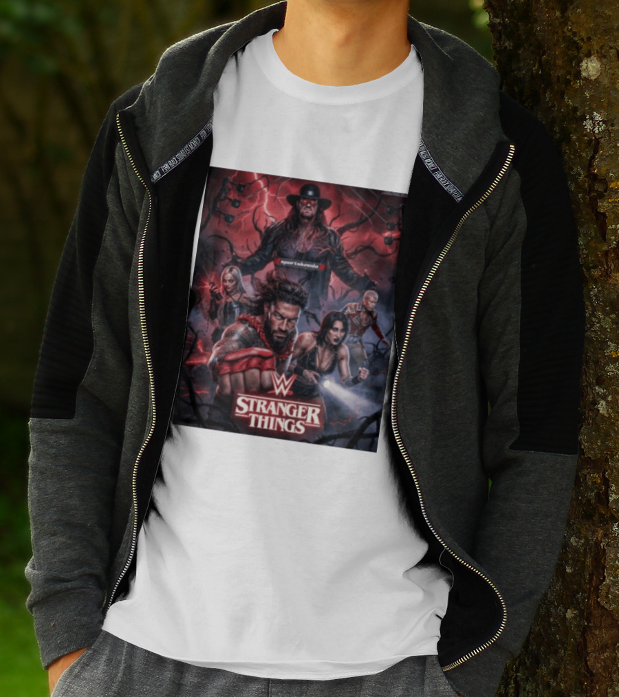 WWE And Stranger Things Crossover With The Undertaker, Roman Reigns, Cody Rhodes, Rhea Ripley, And Liv Morgan T-Shirt