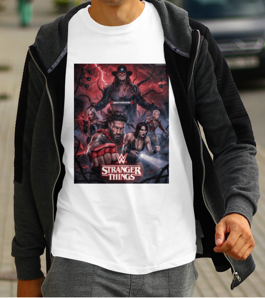 WWE And Stranger Things Crossover With The Undertaker, Roman Reigns, Cody Rhodes, Rhea Ripley, And Liv Morgan T-Shirt