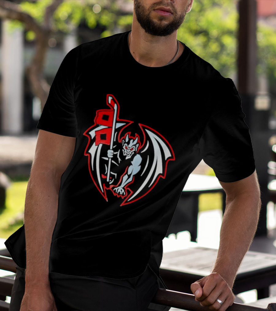 Greensboro Gargoyles Hockey Team Winged Gargoyle Holding Hockey Stick With Red Flag T-Shirt