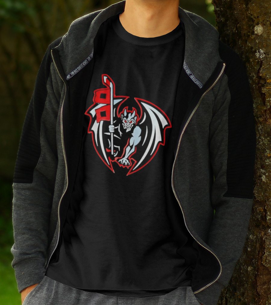 Greensboro Gargoyles Hockey Team Winged Gargoyle Holding Hockey Stick With Red Flag T-Shirt
