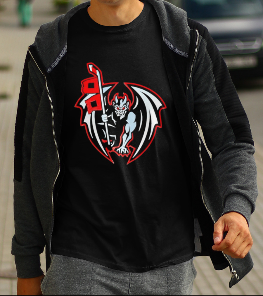 Greensboro Gargoyles Hockey Team Winged Gargoyle Holding Hockey Stick With Red Flag T-Shirt