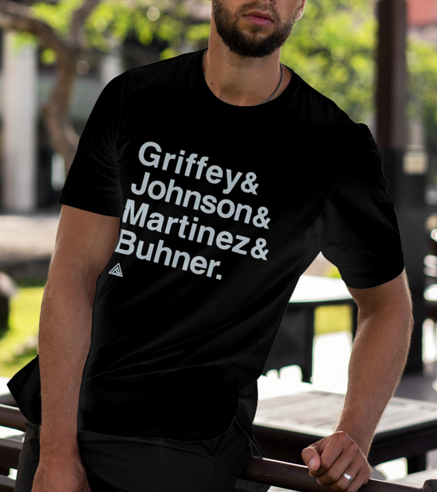 Griffey Johnson Martinez Buhner White Sans Serif Text Triangular T-Shirt