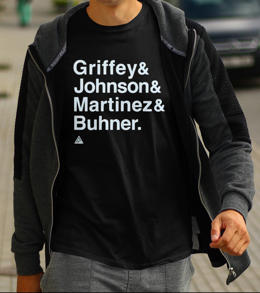 Griffey Johnson Martinez Buhner White Sans Serif Text Triangular T-Shirt