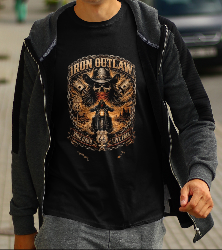 Iron Outlaw Cowboy Skull Motorcycle Route 66 Ride Hard Live Free T-Shirt