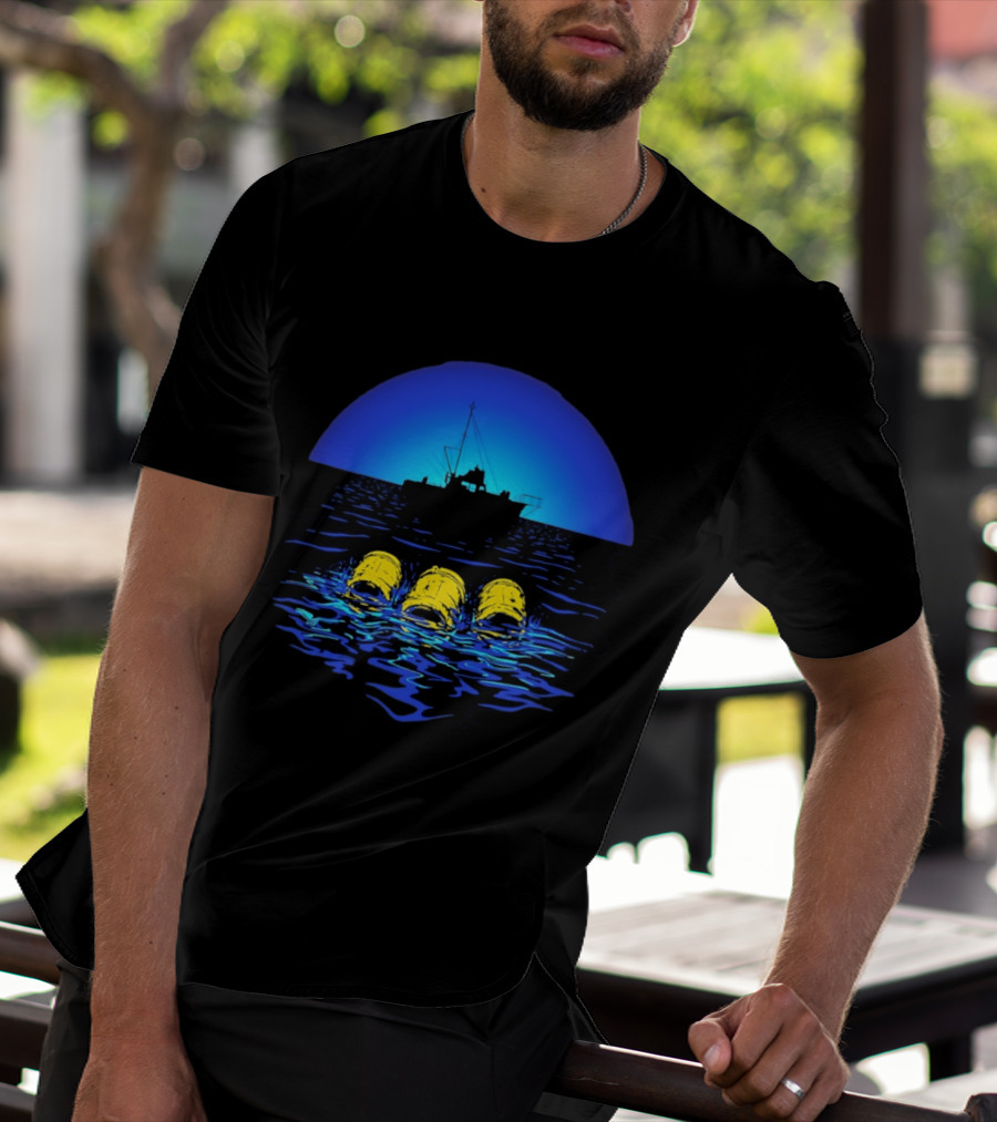 Jaws Orca Boat With Yellow Barrels Steven Spielberg Retro Ocean Scene T-Shirt