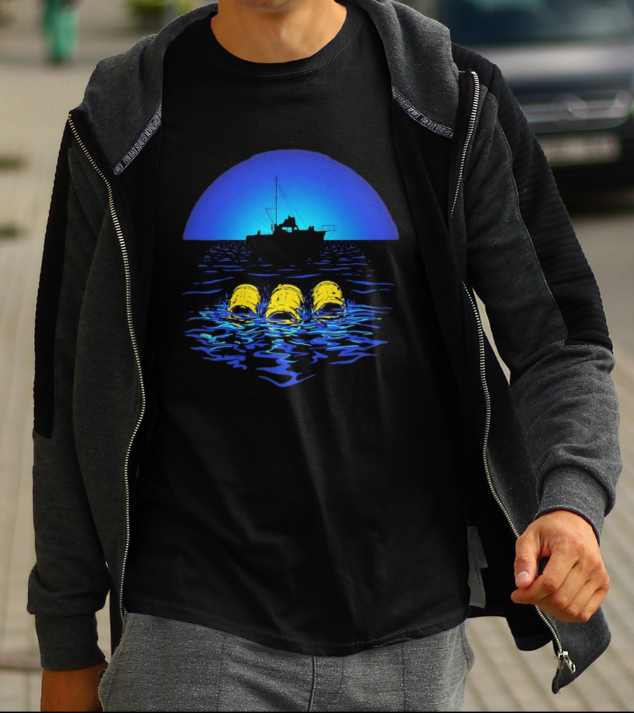 Jaws Orca Boat With Yellow Barrels Steven Spielberg Retro Ocean Scene T-Shirt