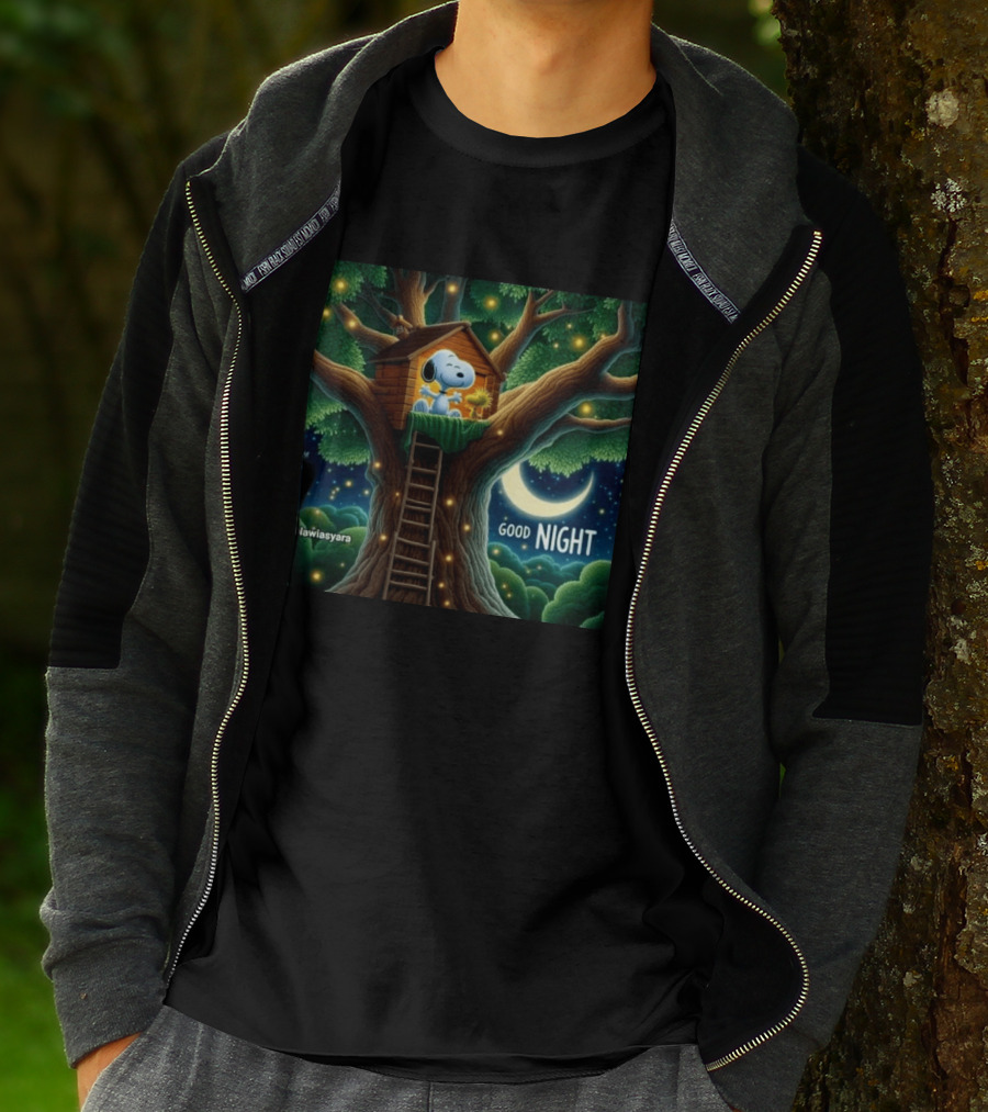 Leave A Heart If You Love Snoopy Good Night Treehouse Moonlit Scene T-Shirt