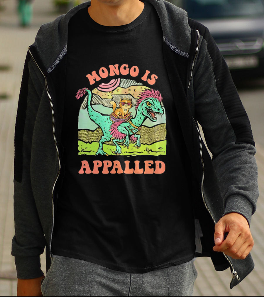 Mongo Is Appalled Cat Riding Dinosaur Raptor T-Shirt