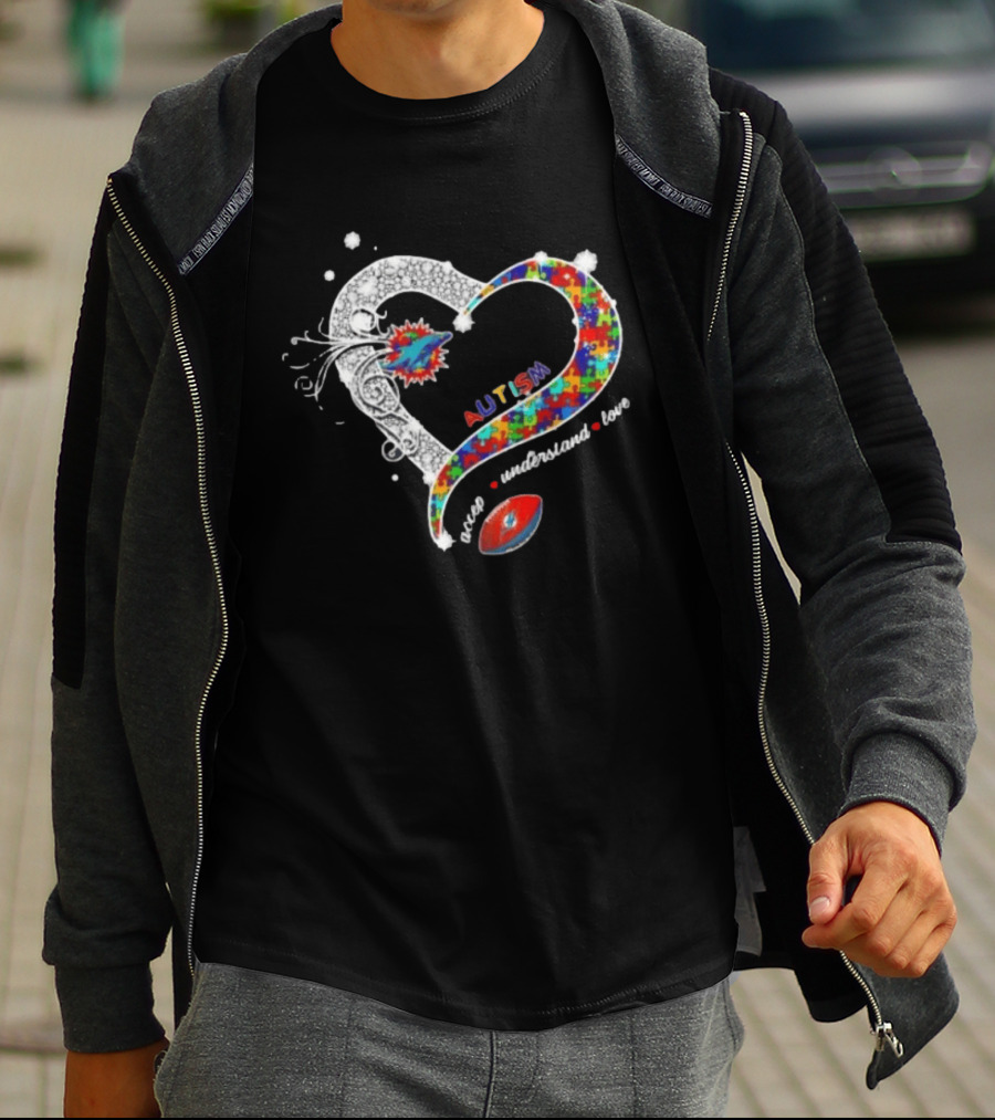 Miami Dolphins Autism Accept Understand Love Heart Diamond Puzzle T-Shirt